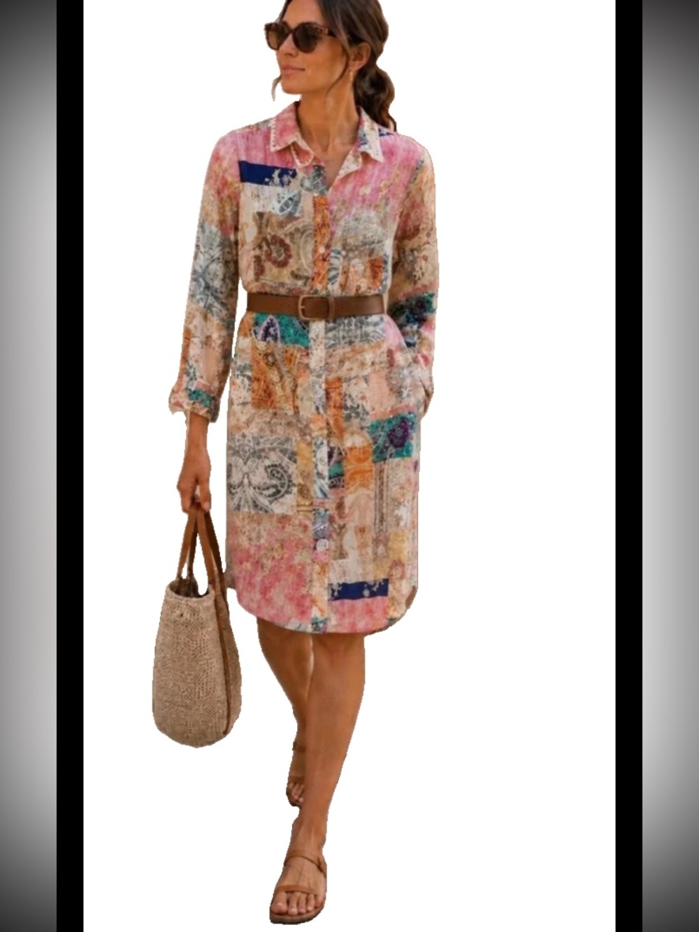 MAGASCHONI Linen Patchwork Shirt Dress Boho Paisley Button Front